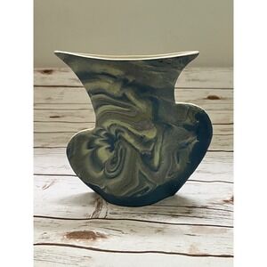 Studio Pottery Vase Blue Green Marbled Organic Asymmetrical Signed 7in "LB"